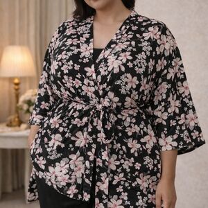 Rene Rofe Black & Pink Floral Print‎ Robe Attached Tie 3/4 Sleeves Stretchy XL